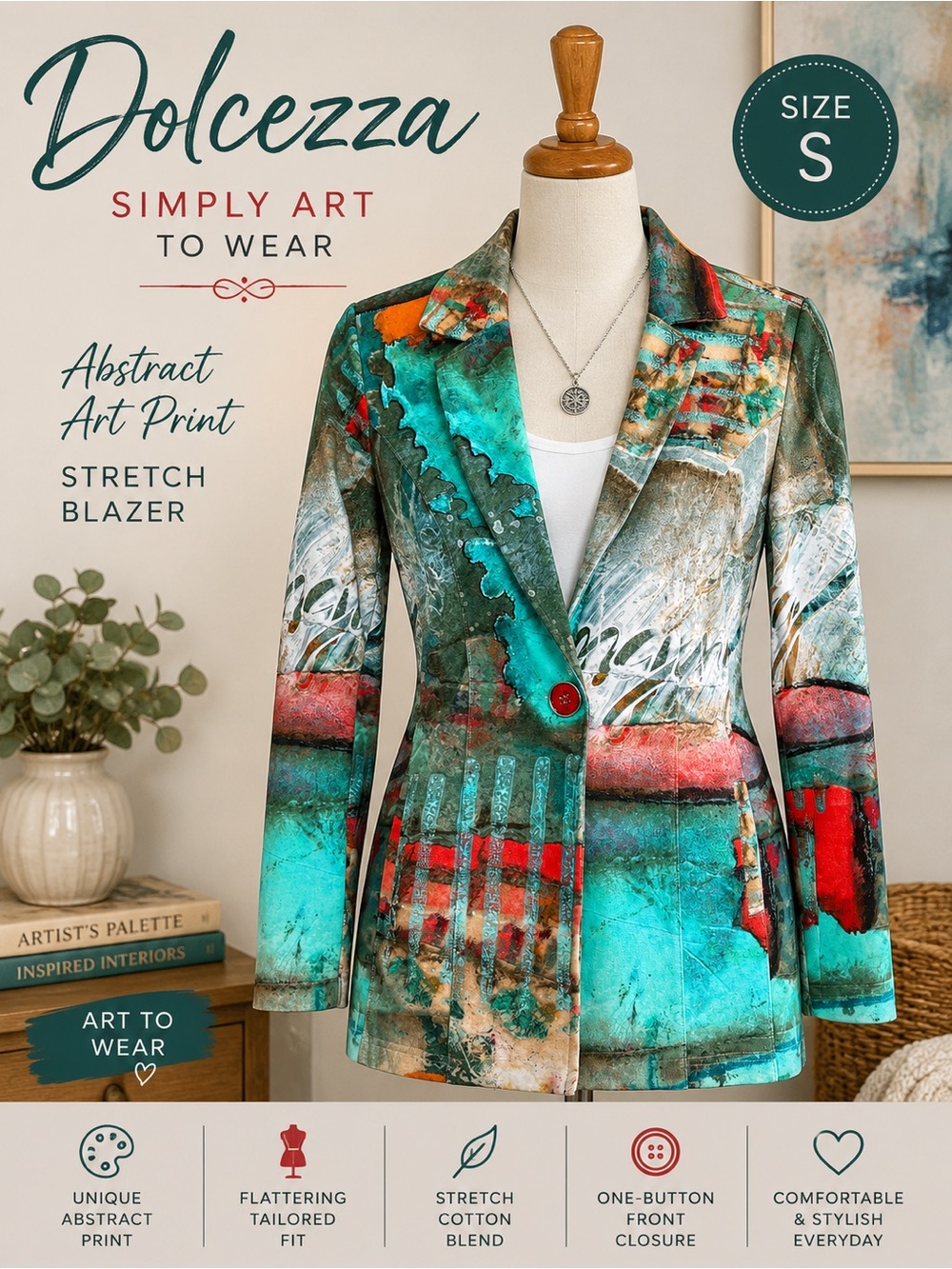 Dolcezza Simply Art to Wear Abstract Print Stretch Blazer Jacket Women’s Small